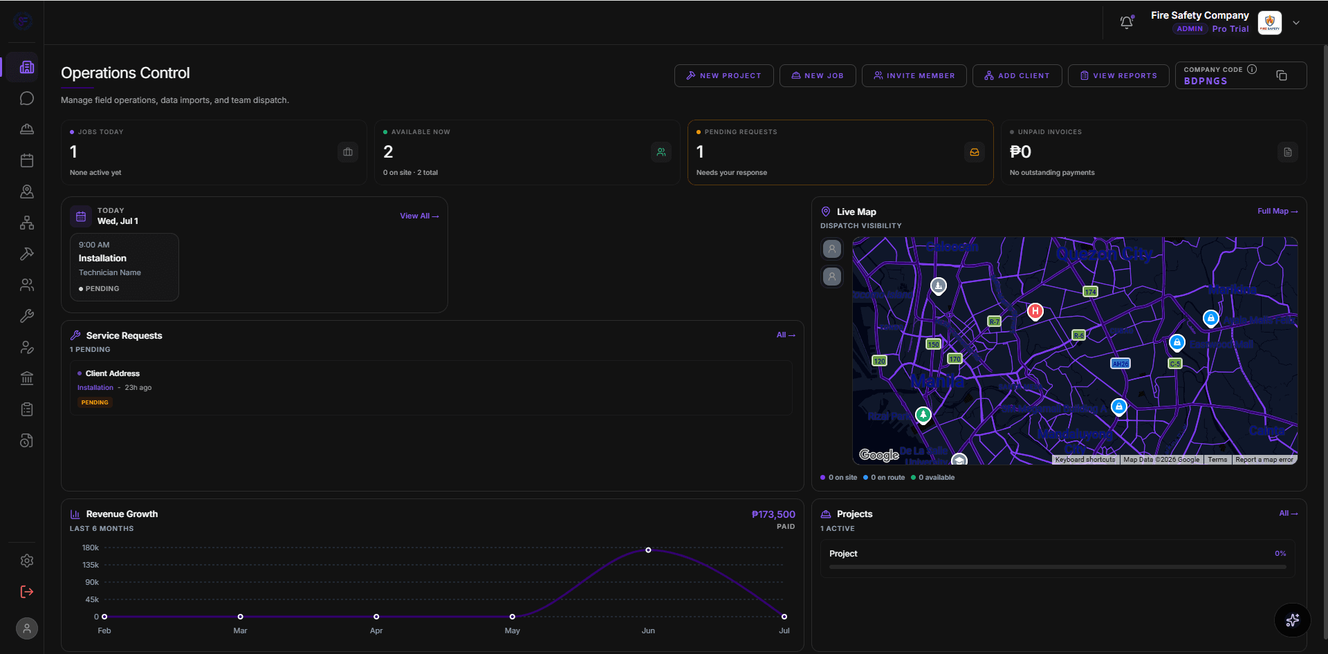 Swift Flow admin dashboard in dark mode showing operations control, live map, service requests, revenue growth, and project tracking.