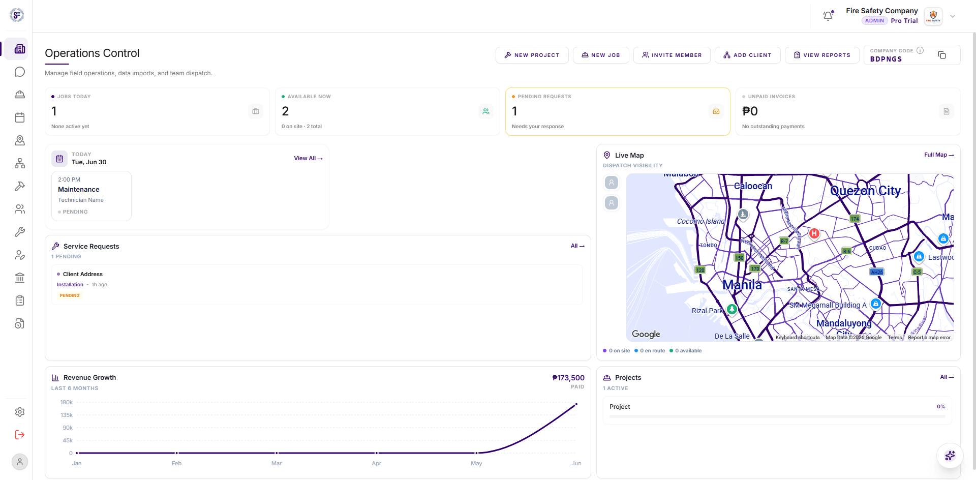 Swift Flow admin dashboard showing operations control, live map, service requests, revenue growth, and project tracking.
