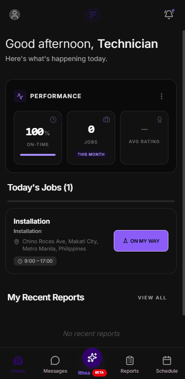 Swift Flow technician mobile app in dark mode showing today's job, performance, reports, and bottom navigation.