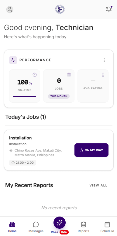Swift Flow technician mobile app showing today's job, performance, reports, and bottom navigation.